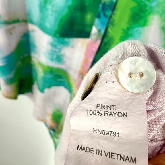 Anthropologie Fig & and Flower Large Pink Green Tropical Beach Blouse Shirt Top - Picture 7 of 8